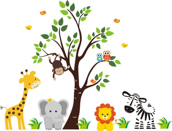 Monkey Owl on the Beautiful Blossom Tree with Friendly Elephant Garaffe Lion Jungle Zoo Wall Decal for Nursery