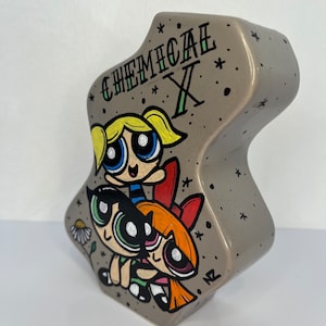 Powerpuff Girls handpainted vase / cartoon artwork decor / Bubbles Blossom Buttercup / Retro cartoon gift