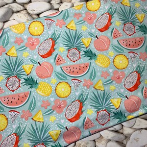 May include: A light blue fabric with a tropical fruit pattern. The design includes illustrations of dragon fruit, watermelon, peaches, pineapples, and flowers. The fabric is decorated with green leaves and small white hearts.