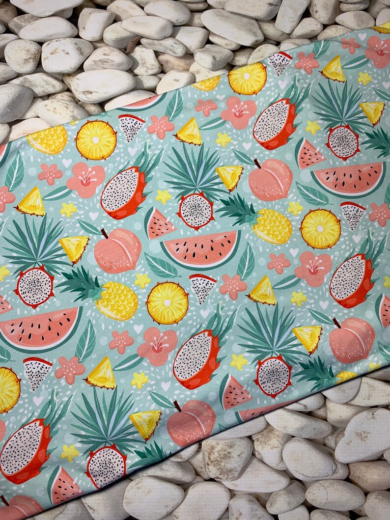 May include: A light blue fabric with a tropical fruit pattern. The design includes illustrations of dragon fruit, watermelon, peaches, pineapples, and flowers. The fabric is decorated with green leaves and small white hearts.