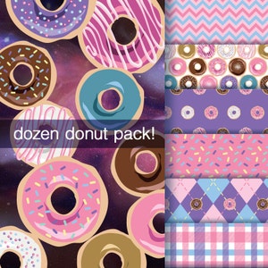 Puede incluir: Un paquete de papel digital con una docena de diseños de donuts. El paquete incluye una variedad de patrones de donuts, incluyendo donuts con chispas, chocolate y glaseados. El texto "dozen donut pack!" se muestra en la imagen.