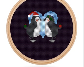 Christmas penguin couple cross stitch digital pattern