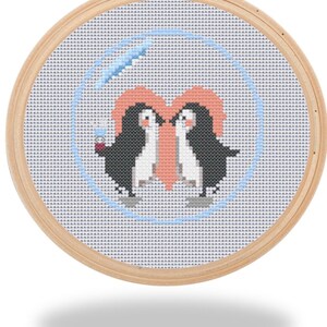 Penguin couple engagement pattern cross stitch digital
