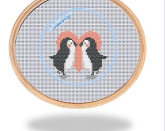 Cute penguin couple in a bubble. Small cross stitch pattern PDF