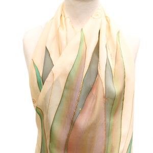 Hand-Painted Silk Scarf: Art Deco Tulips, Green & Ivory, Made in Italy