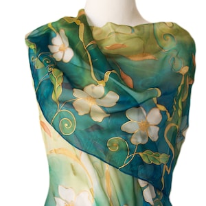 Blue emerald CHIFFON SILK SCARF hand painted long floral veil Wedding stole Elegant womens scarf image 1