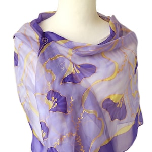 Lavender gold silk scarf - light blue violet Handpainted pure silk wrap - Long sheer chiffon scarf -  Italian designer scarf