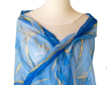 Sciarpa Leggera In Chiffon Con Stampa Floreale, Verde E Blu, Donna, 160x50 Cm, Ideale Per Tutte Le Stagioni