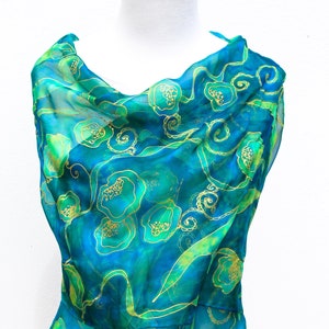 Long chiffon silk scarf , hand-painted - teal , blue , green silk shawl . Luxury gift for her . Designer silk stole .