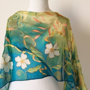 Blue emerald CHIFFON SILK SCARF hand painted long floral veil Wedding stole Elegant womens scarf image 3