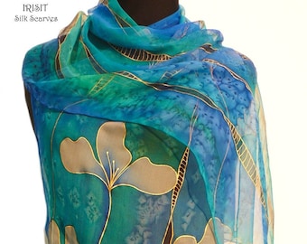 Hand-Painted Floral  Silk Scarf: Blue Emerald transparent Chiffon Shawl