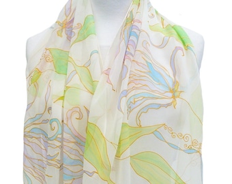 White WEDDING chiffon silk stole - Hand painted floral pastel bridal scarf - Romantic elegant  bridesmaid summer shawl - Ylang flowers wrap