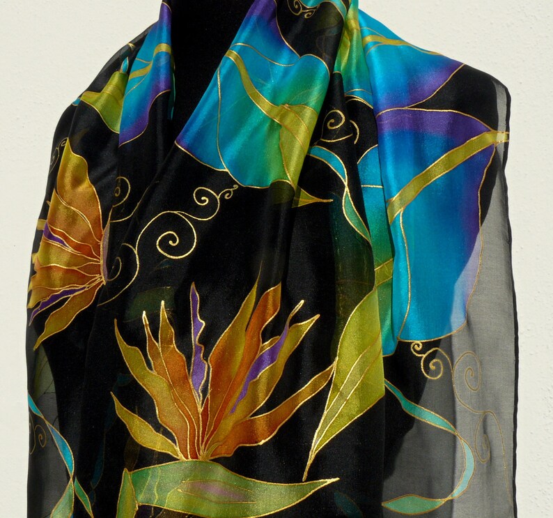 Bright flowers black silk scarf Hand Painted Chiffon orange Etsy