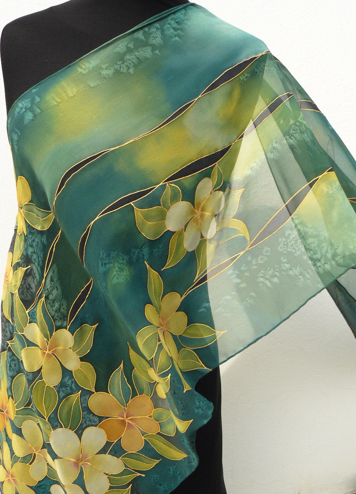 Dark Green Silk Scarf Chiffon Yellow Flowers Gold, Bottle Green Black ...