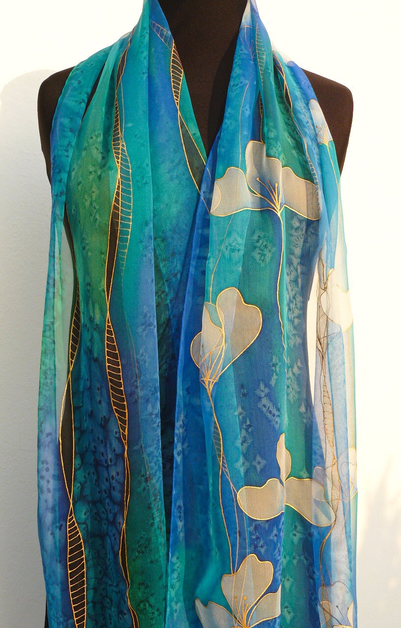 Hand-painted Floral Silk Scarf: Blue Emerald Transparent Chiffon
