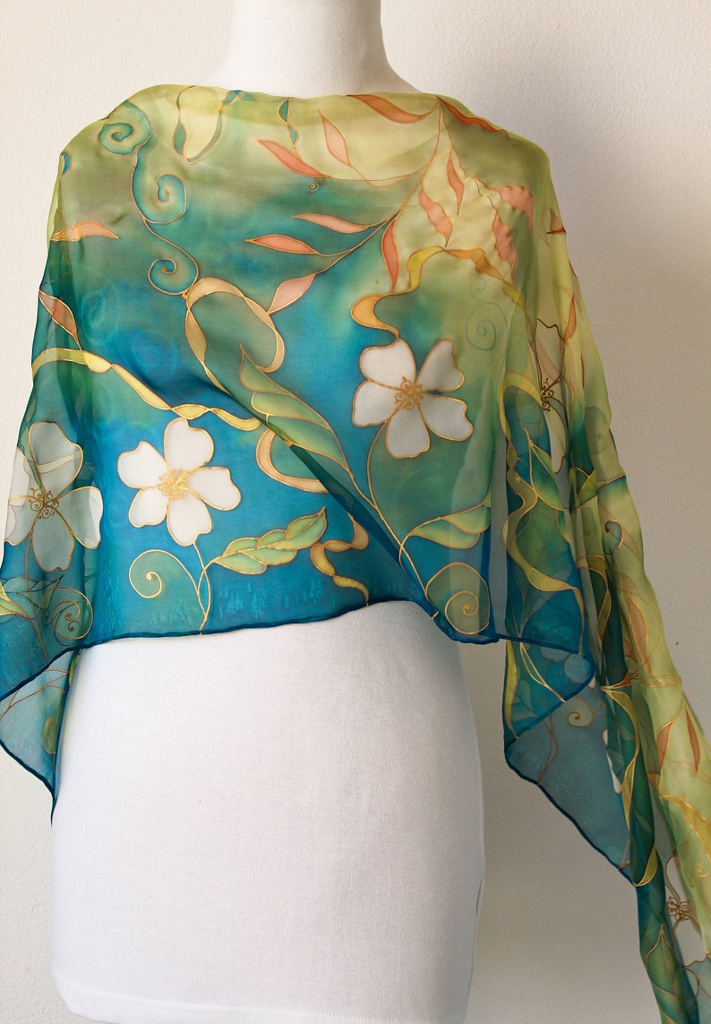 Blue emerald CHIFFON SILK SCARF hand painted long floral veil Wedding stole Elegant womens scarf image 3