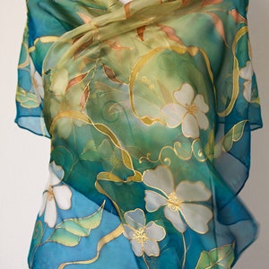Blue emerald CHIFFON SILK SCARF hand painted long floral veil Wedding stole Elegant womens scarf image 5