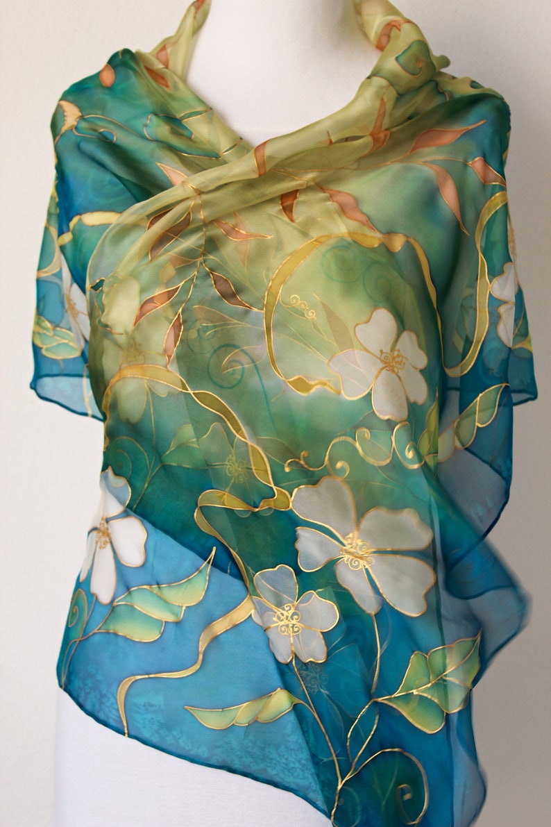 Blue emerald CHIFFON SILK SCARF hand painted long floral veil Wedding stole Elegant womens scarf image 5