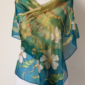 Blue emerald CHIFFON SILK SCARF hand painted long floral veil Wedding stole Elegant womens scarf image 8