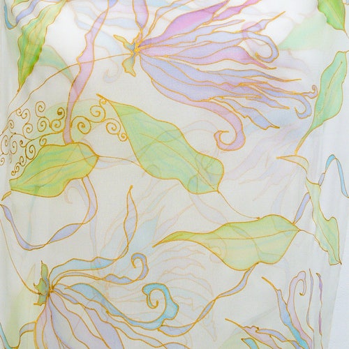 White WEDDING chiffon silk stole - Hand painted floral pastel bridal scarf - Romantic elegant bridesmaid shops summer shawl - Ylang flowers wrap
