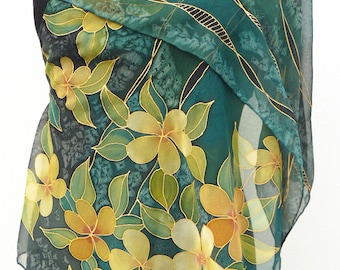 Dark green silk scarf chiffon yellow flowers gold, bottle green black Hand Painted floral chiffon scarf Long, chic, transparent pure silk