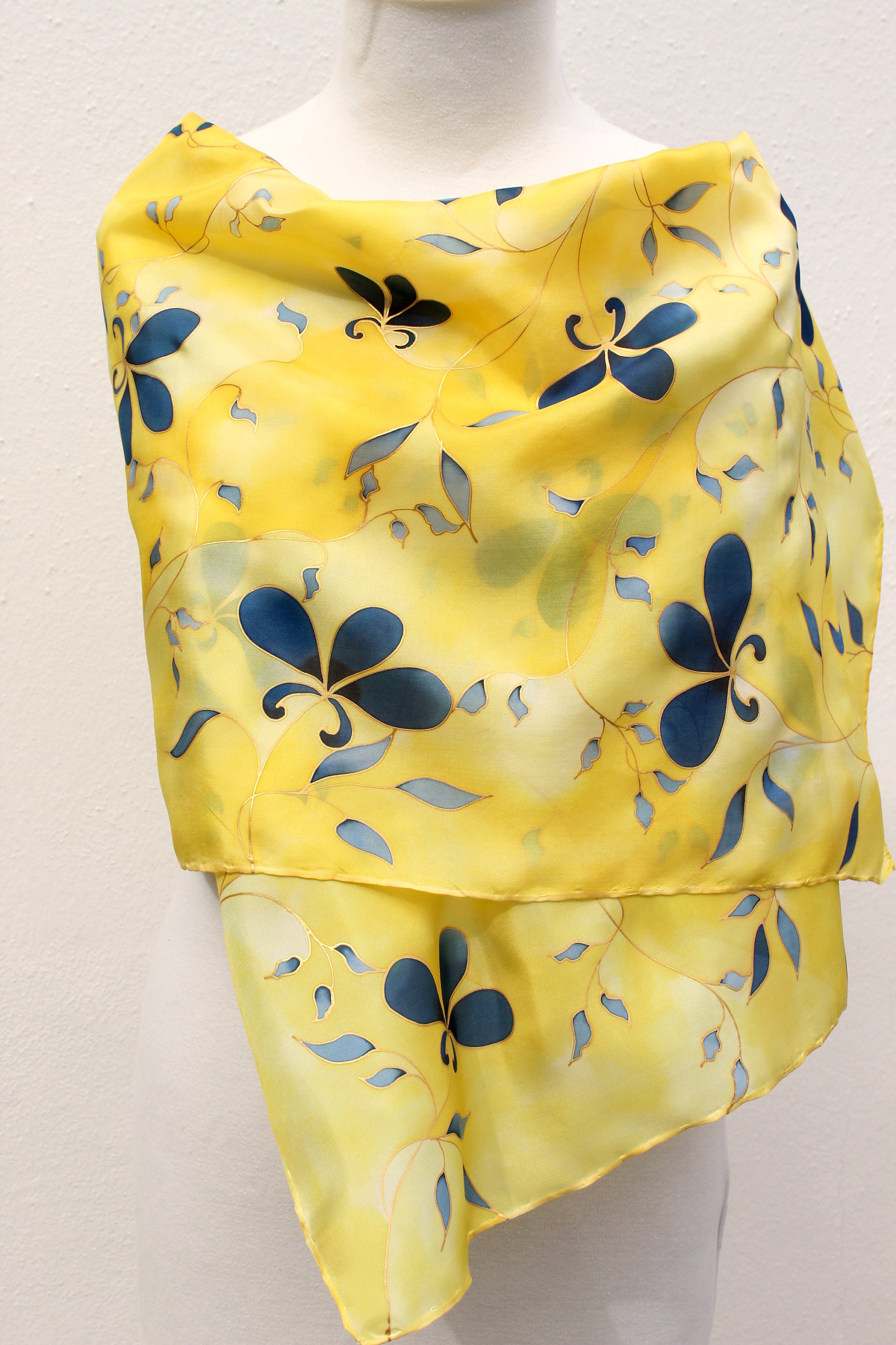 Gold Navy Silk Scarf , Hand Painted Wedding Floral Natural Silk Wrap ...