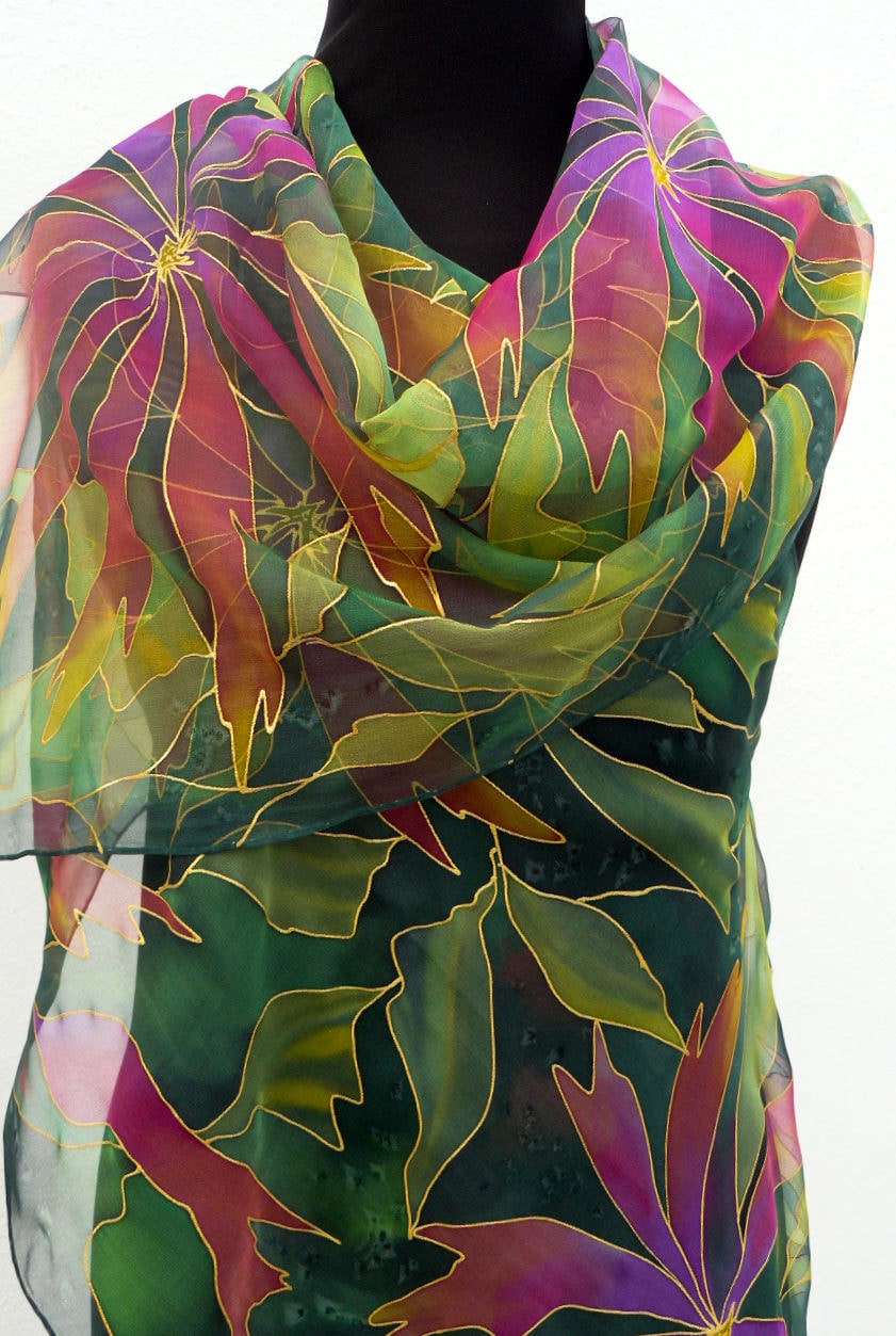 Long Green silk scarf hand painted chiffon sheer transparent | Etsy