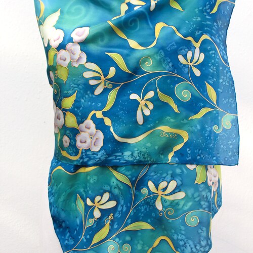 Teal floral silk scarf hand painted on mulberry silk with golden shops yellow flowers and gold details - Designer scarf made in Italy