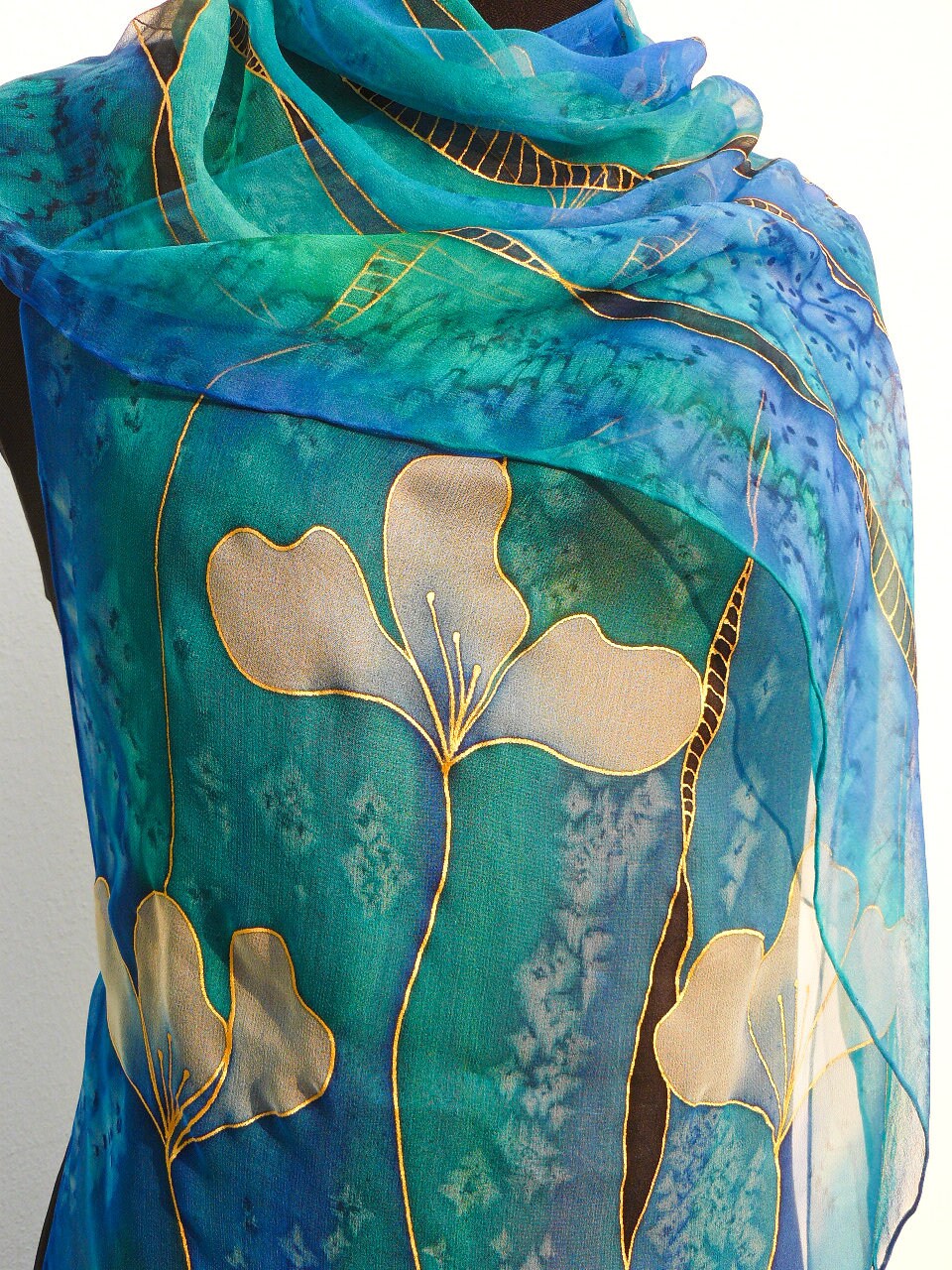 El Seed Silk Chiffon Scarf Blue 抽象トルコ模様 - バンダナ・スカーフ 