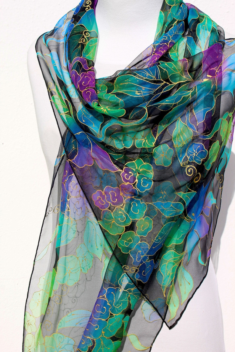 Floral Chiffon Scarf Pure Silk Green Blue Handpainted Silk Etsy