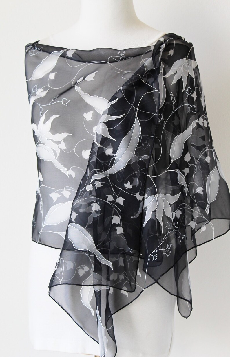 Black and White Silk SCARF Hand Painted Long Chiffon Pure Etsy New