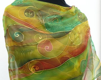 Chiffon silk scarf Handpainted - pure silk scarf with gold swirls in terracotta apple forest green Autumn colors - Long size sheer wrap