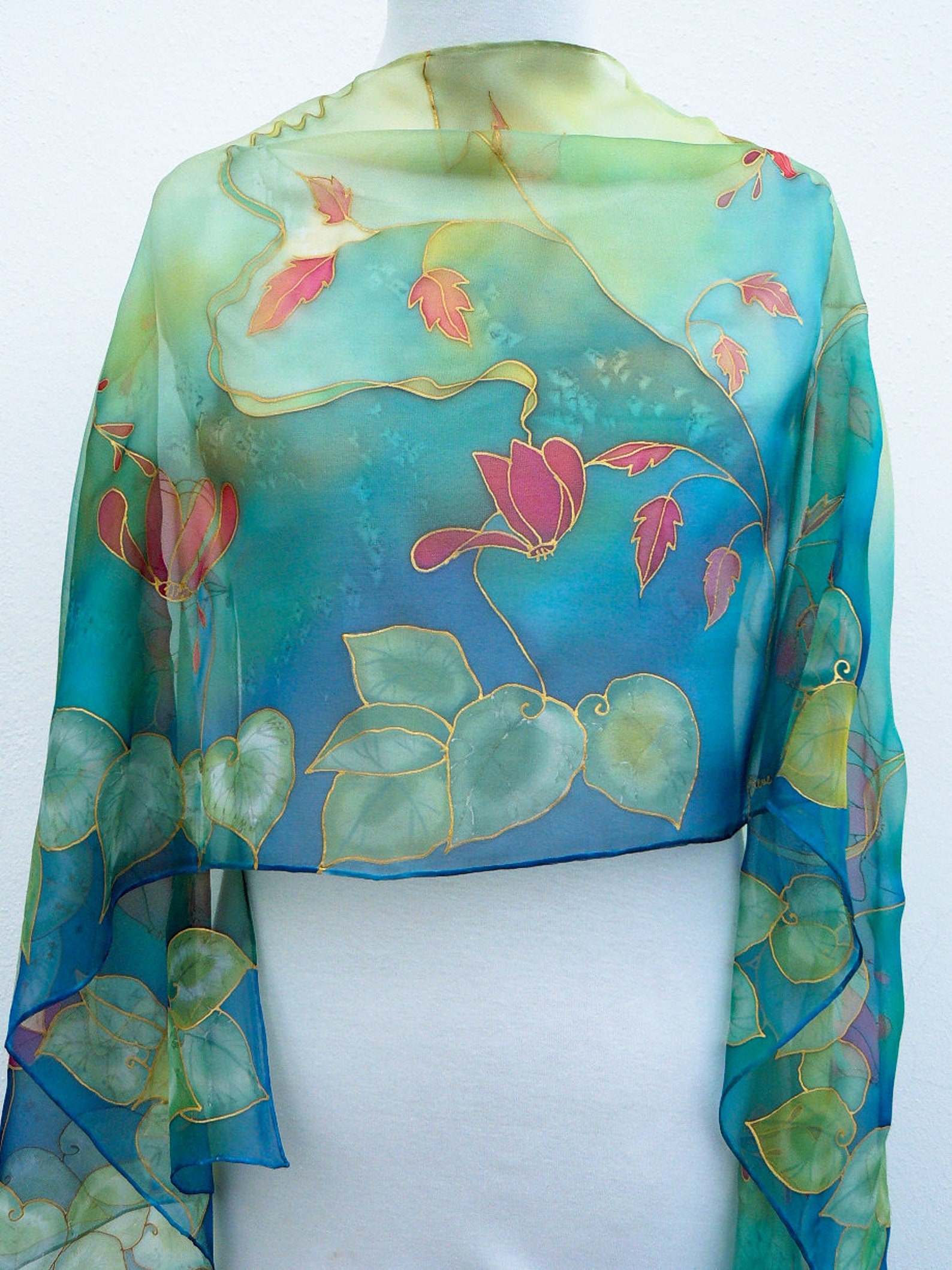 Sciarpa Lunga Donna In Pura Seta 100% Doppio Lato - Vintage Verde Con Fiori E Righe 150x15cm