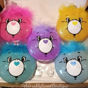 Care Bear Ornaments, Set of 5 - Includes Gift Box & Christmas Hangers - Glitter - Marabou Feather - Vinyl - Shatterproof. Collectible Gifts