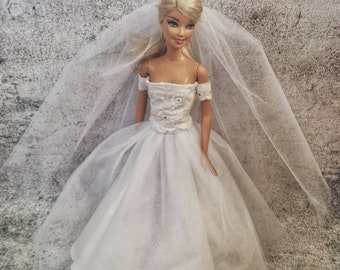 Handmade white wedding dress with delicate lace and veil for 11.5in dolls