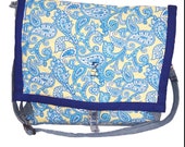 Yellow-Blue Paisley Quilted 12 by 12 in Jean bag, over shoulder bag, recycled jean bag, crossbody jean bag