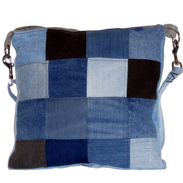 Patchwork jeans cross body or over shoulder 14 by 14in bag, tote bag, recycled Jean bag, upcycled Jean Bag, Denim bag