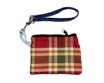 Small red and green plaid denim pouch  6 by 5 in with strap , recycled jeans pouch, upcycled jeans pouch