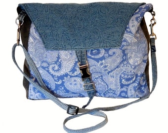 Blue pattern computer Messager 14 X12 in bag, cross body bag, recycled jean bag, upcycled jean bag