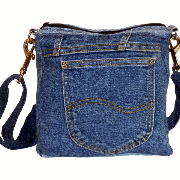 Blue jean fancy pocket 9 by 9 in cross body purse, recycled jean purse, upcycled jean bag