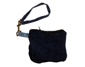 Dark blue denim pouch  6 by 6 in with strap , recycled jeans pouch, upcycled jeans pouch