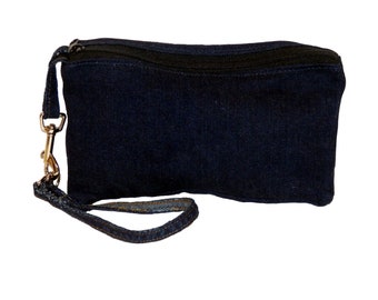 Dark Blue zippered denim pouch  9 by 6 in with strap , recycled jeans pouch, upcycled jeans pouch