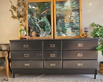 satin black dresser Hollywood Regency, Satin Black Wood, Brass, Campaign Dresser USA, 1970s