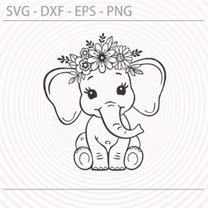 elephant svg - elephant dxf - cute elephant with floral flower crown svg – funny animals svg – silhouette - cricut, cutting files Eps  Png
