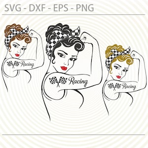 Racing Rosie the Riveter Girl Power SVG Cut file for Cricut, Racing flag svg, Checkered Flag svg, Nascar svg, Car Racing cutting svg dxf eps