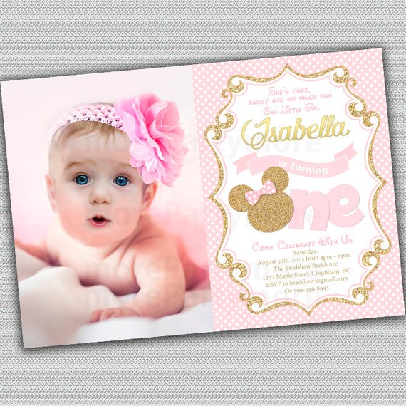 First Birthday girl Invite Pink gold glitter Digital Invitation thank