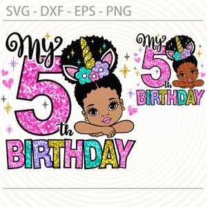 5th Birthday Afro Girl svg, Unicorn Fifth birthday Svg Png, Afro Princess cut files for Cricut, Dxf ,Eps, Sublimation Designs Downloads