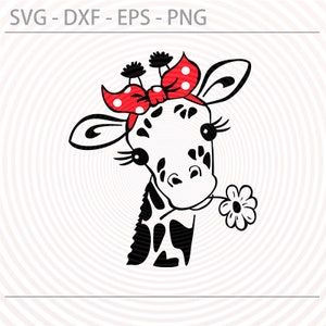 May include: A black and white cartoon giraffe wearing a red and white polka dot bow. The giraffe is holding a white flower in its mouth.