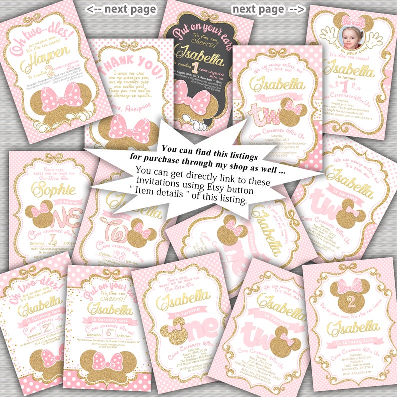 Pink and Gold Minnie Mouse Birthday Party Invitation backside, Birthday, Gold Glitter, Polka Dot invite, Girl, Printable Invitation image 5