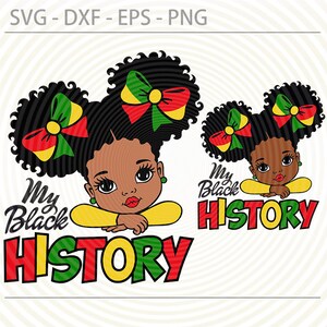May include: A digital graphic featuring two cartoon illustrations of a young girl with black curly hair, wearing a yellow top and green earrings. The text "My Black History" is displayed in red, green, and yellow.